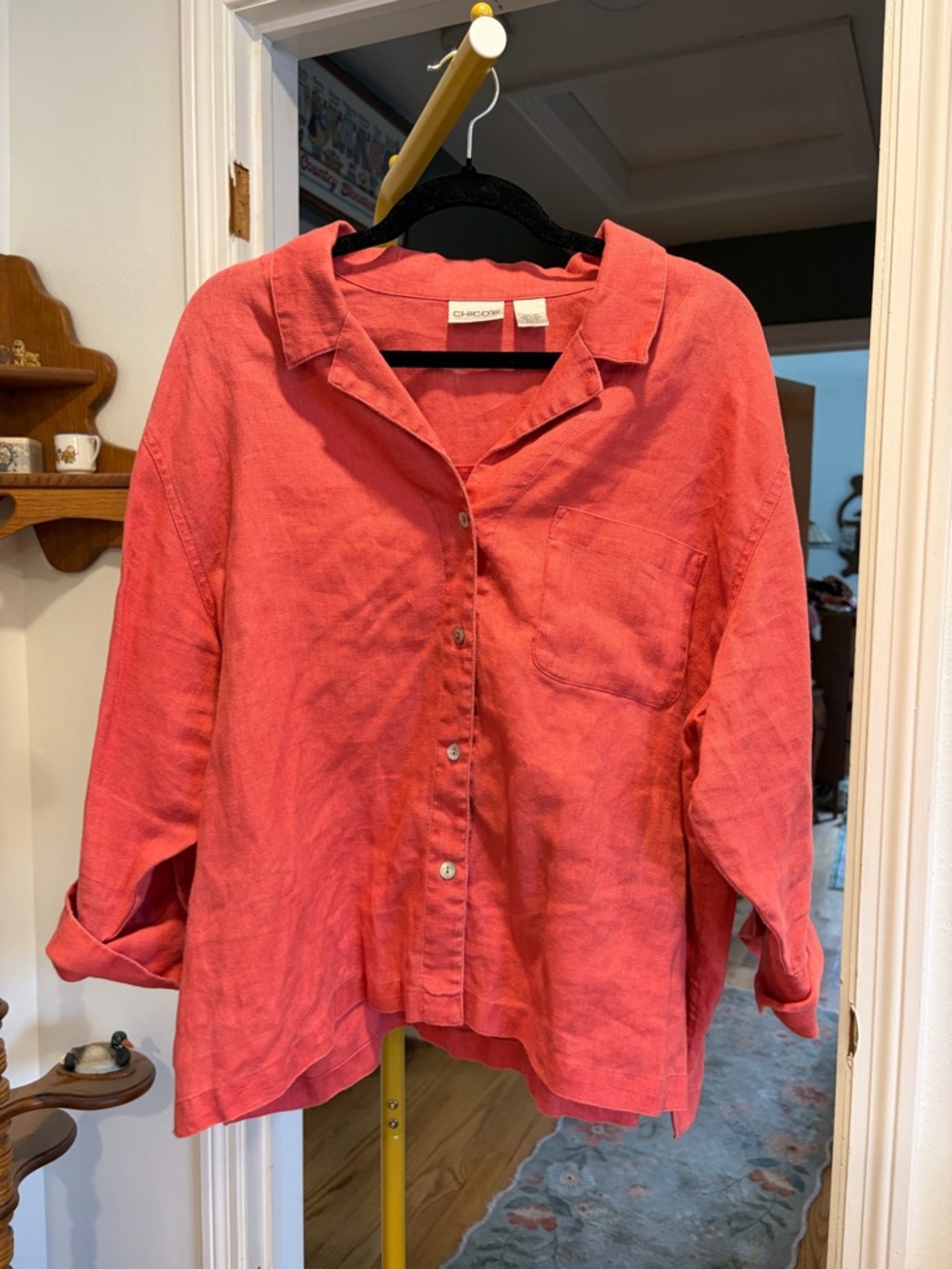 Chicos Relaxed Button-Front Linen Shirt - Coral Pink